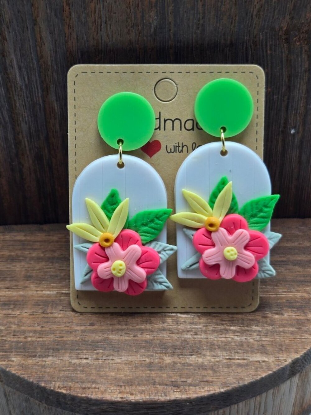 NWT Floral Pink Yellow Polymer Clay Earrings Pierced Gold Tone Dangle Drop OOAK